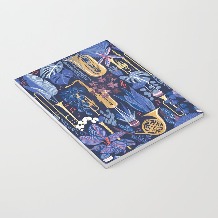 Music to my eyes // oxford navy blue background gold textured musical instruments blue indoor plants coral music notes Notebook Gallery Image 3