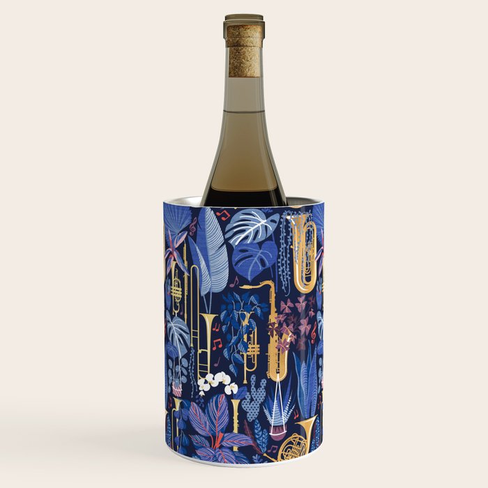 Music to my eyes // oxford navy blue background gold textured musical instruments blue indoor plants coral music notes Wine Chiller Gallery Image 2