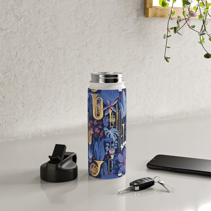 Music to my eyes // oxford navy blue background gold textured musical instruments blue indoor plants coral music notes Water Bottle Gallery Image 4