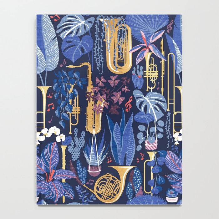 Music to my eyes // oxford navy blue background gold textured musical instruments blue indoor plants coral music notes Notebook Gallery Image 4
