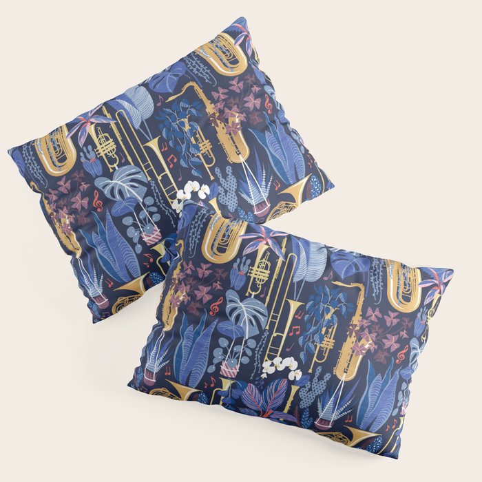 Music to my eyes // oxford navy blue background gold textured musical instruments blue indoor plants coral music notes Pillow Sham Gallery Image 1