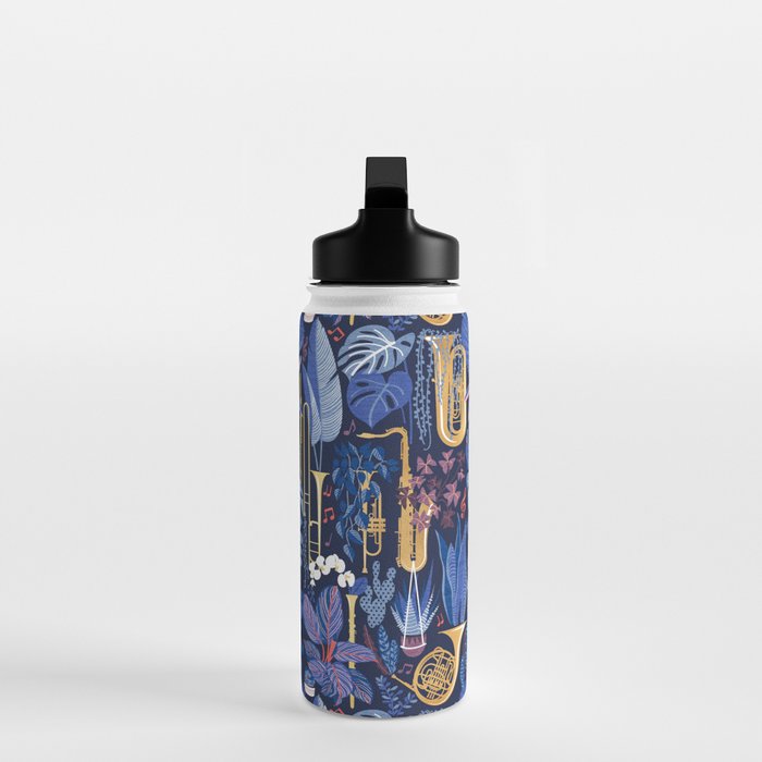 Music to my eyes // oxford navy blue background gold textured musical instruments blue indoor plants coral music notes Water Bottle Gallery Image 3