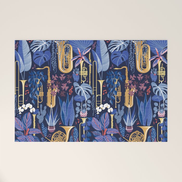 Music to my eyes // oxford navy blue background gold textured musical instruments blue indoor plants coral music notes Welcome Mat Gallery Image 1