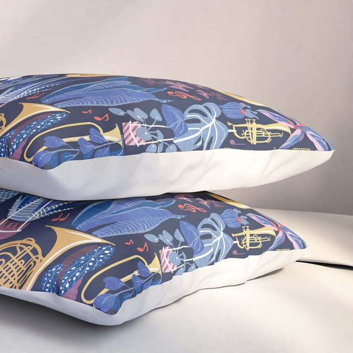 Music to my eyes // oxford navy blue background gold textured musical instruments blue indoor plants coral music notes Pillow Sham Gallery Image 3