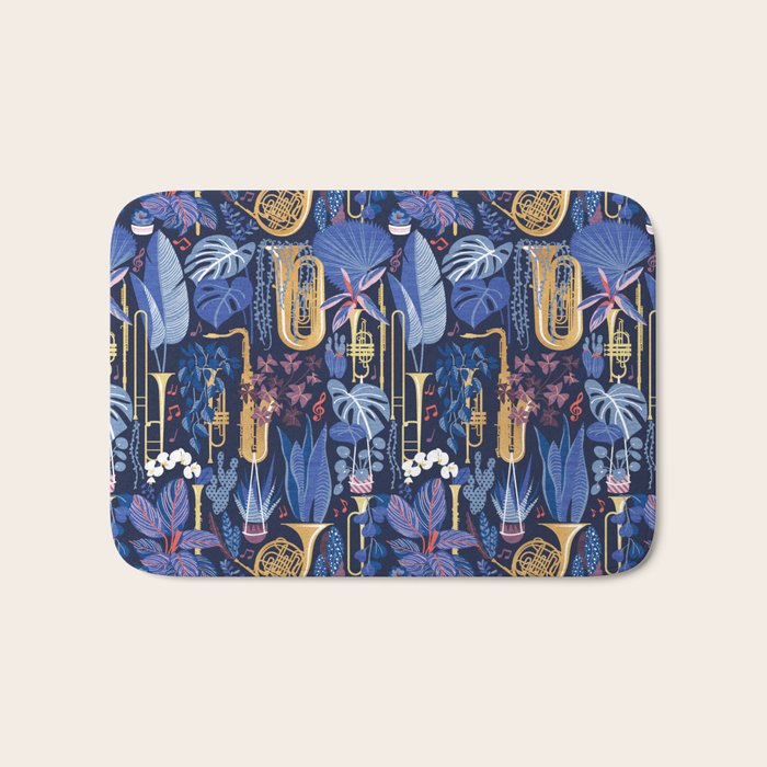 Music to my eyes // oxford navy blue background gold textured musical instruments blue indoor plants coral music notes Bath Mat Gallery Image 1
