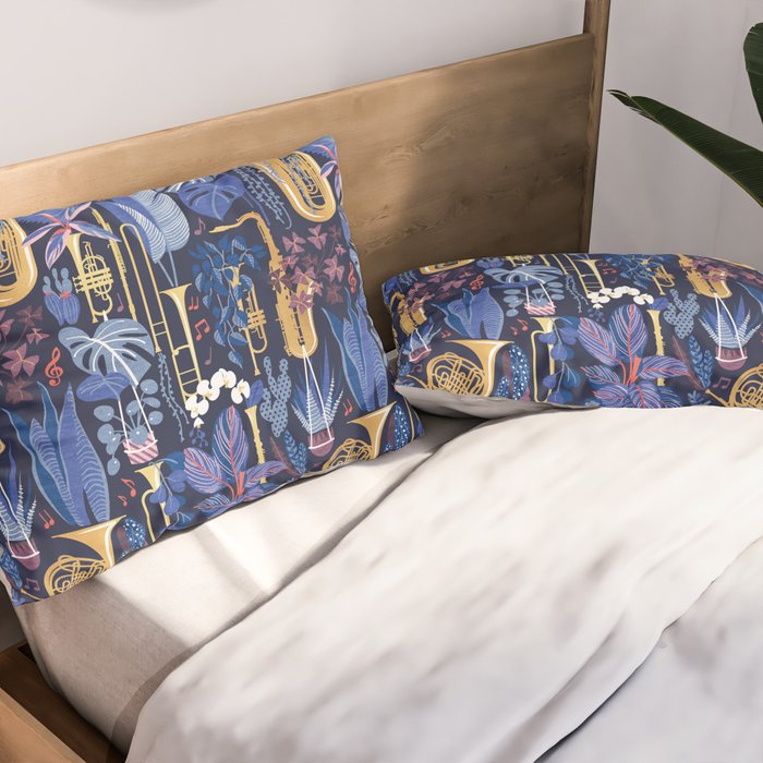 Music to my eyes // oxford navy blue background gold textured musical instruments blue indoor plants coral music notes Pillow Sham Gallery Image 2