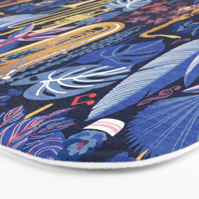 Music to my eyes // oxford navy blue background gold textured musical instruments blue indoor plants coral music notes Bath Mat Gallery Image 3
