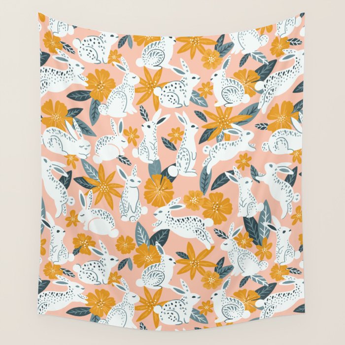 Bunnies & Blooms - Teal & Blush Wall Tapestry Gallery Image 1