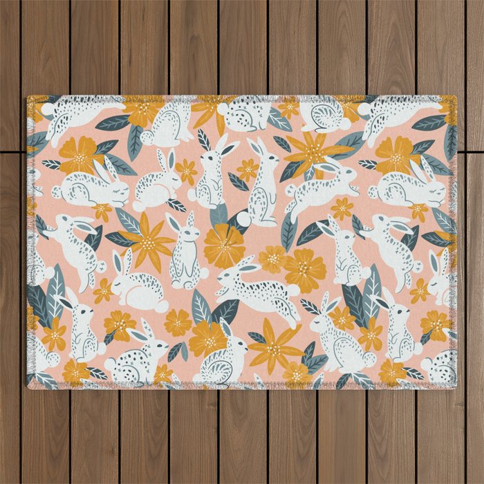 Bunnies & Blooms - Teal & Blush Outdoor Rug Gallery Image 1