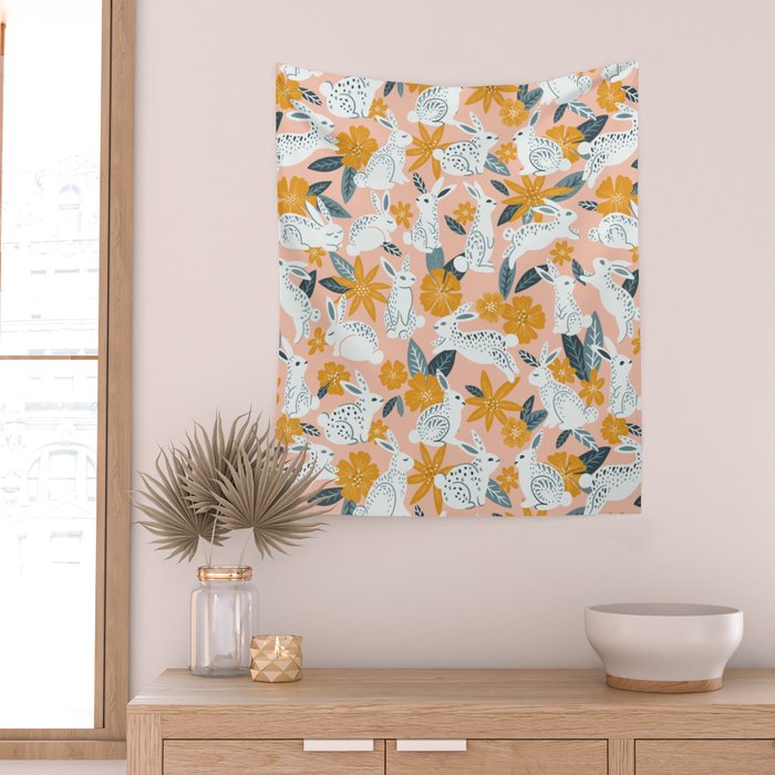 Bunnies & Blooms - Teal & Blush Wall Tapestry Gallery Image 2