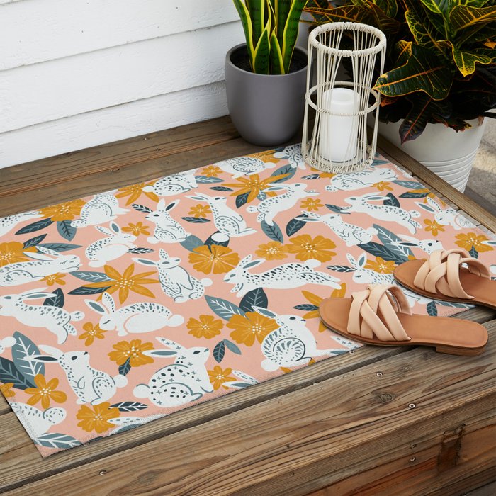 Bunnies & Blooms - Teal & Blush Outdoor Rug Gallery Image 2