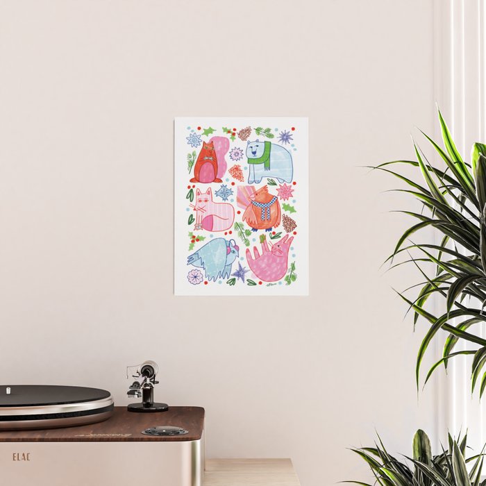 Winter Forest Woodland Animals in Pink & Blue Poster Gallery Image 2