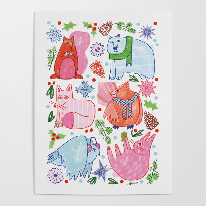 Winter Forest Woodland Animals in Pink & Blue Poster Gallery Image 1