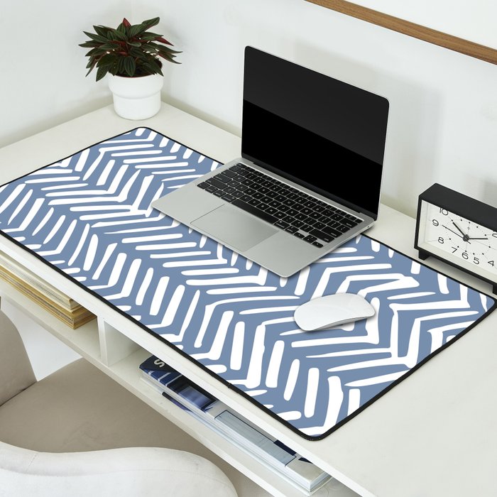 Abstract Herringbone Pattern, Rustic, Blue and White Desk Mat Gallery Image 2