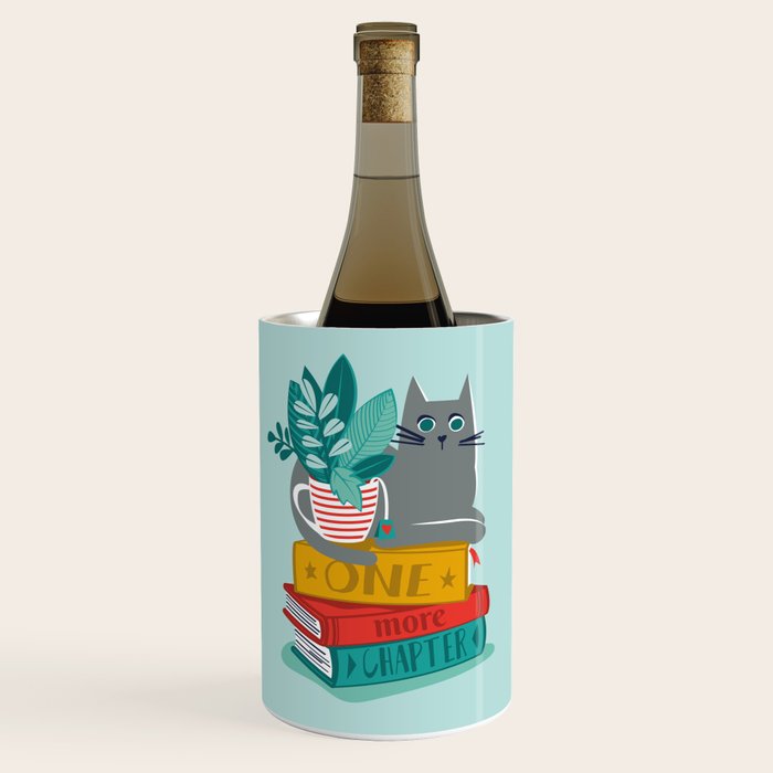 One more chapter // aqua background grey cat striped mug with plants red green and yellow books  Wine Chiller Gallery Image 1