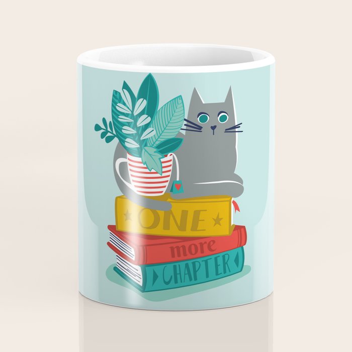 One more chapter // aqua background grey cat striped mug with plants red green and yellow books  Coffee Mug Gallery Image 4