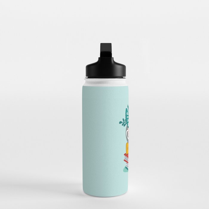 One more chapter // aqua background grey cat striped mug with plants red green and yellow books  Water Bottle Gallery Image 3