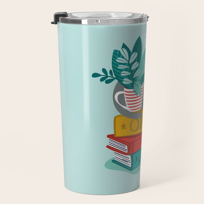 One more chapter // aqua background grey cat striped mug with plants red green and yellow books  Travel Mug Gallery Image 3