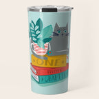 One more chapter // aqua background grey cat striped mug with plants red green and yellow books  Travel Mug Gallery Image 1