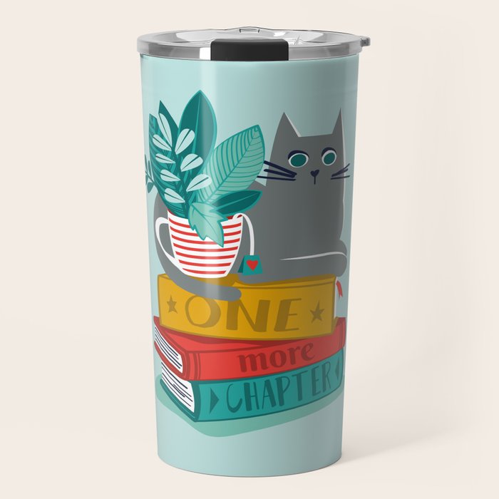 One more chapter // aqua background grey cat striped mug with plants red green and yellow books  Travel Mug Gallery Image 1