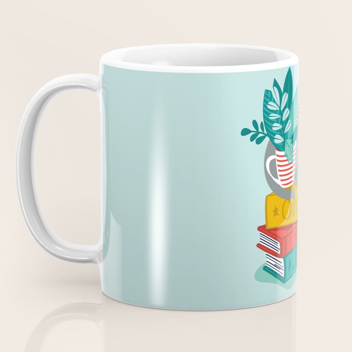 One more chapter // aqua background grey cat striped mug with plants red green and yellow books  Coffee Mug Gallery Image 3