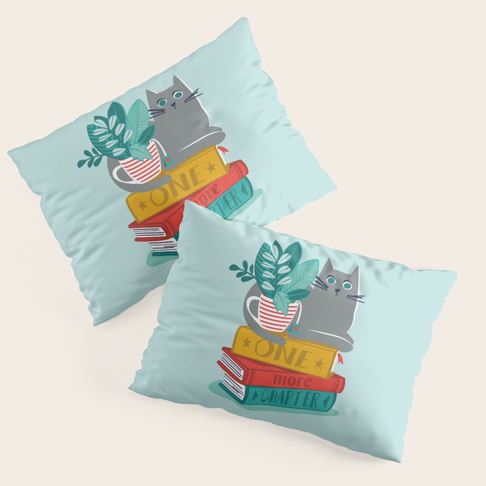 One more chapter // aqua background grey cat striped mug with plants red green and yellow books  Pillow Sham Gallery Image 1
