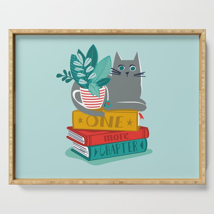 One more chapter // aqua background grey cat striped mug with plants red green and yellow books  Serving Tray Gallery Image 1
