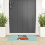 One more chapter // aqua background grey cat striped mug with plants red green and yellow books  Welcome Mat Gallery Image 3