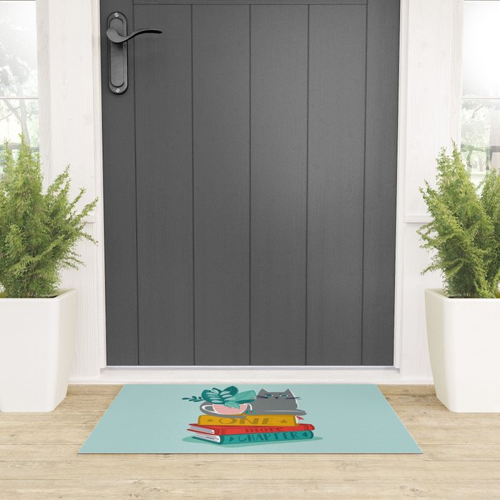 One more chapter // aqua background grey cat striped mug with plants red green and yellow books  Welcome Mat Gallery Image 3