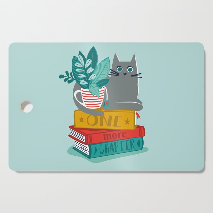 One more chapter // aqua background grey cat striped mug with plants red green and yellow books  Cutting Board Gallery Image 1