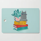 One more chapter // aqua background grey cat striped mug with plants red green and yellow books  Cutting Board Gallery Image 1