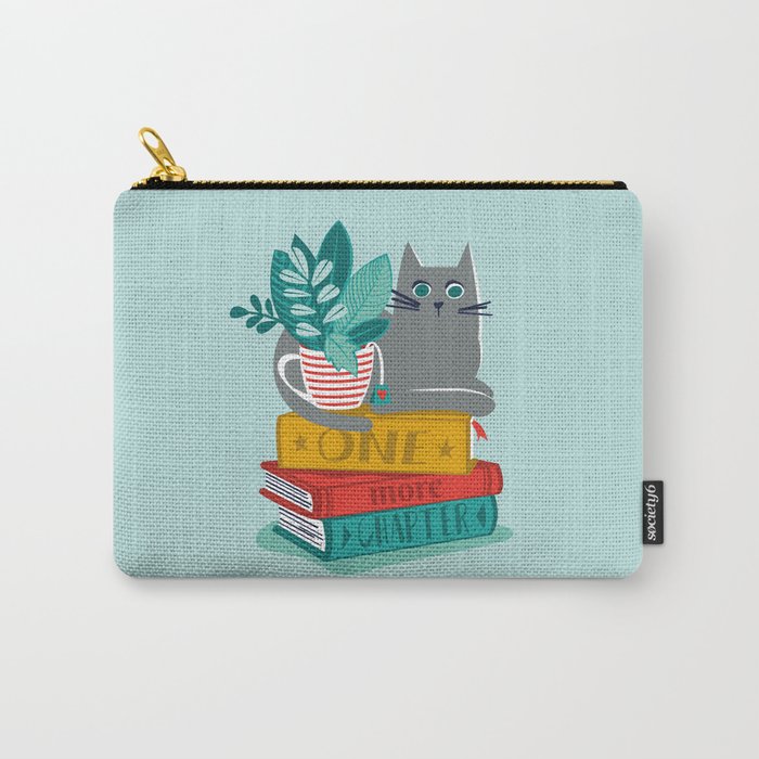 One more chapter // aqua background grey cat striped mug with plants red green and yellow books  Carry All Pouch Gallery Image 1