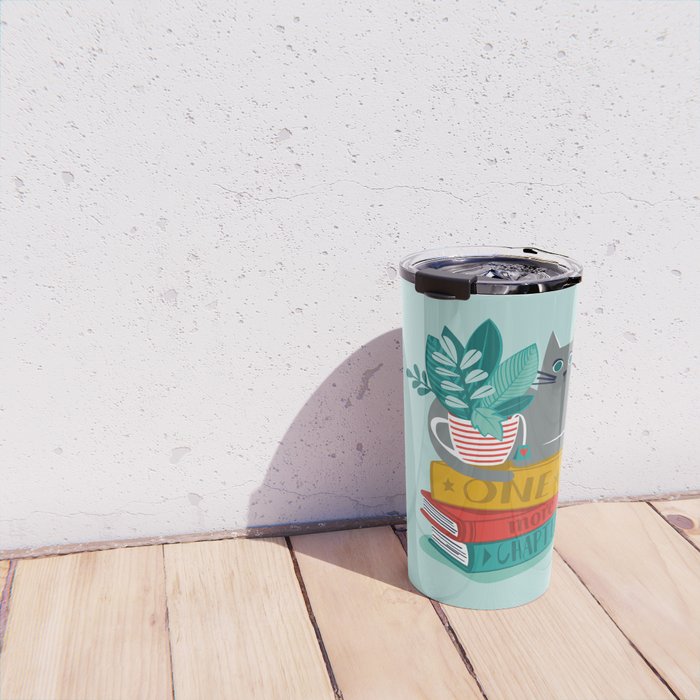 One more chapter // aqua background grey cat striped mug with plants red green and yellow books  Travel Mug Gallery Image 4