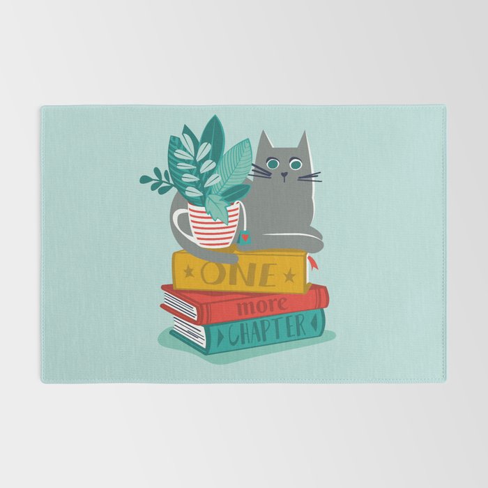 One more chapter // aqua background grey cat striped mug with plants red green and yellow books  Rug Gallery Image 2