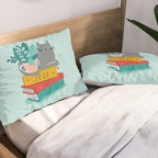 One more chapter // aqua background grey cat striped mug with plants red green and yellow books  Pillow Sham Gallery Image 2