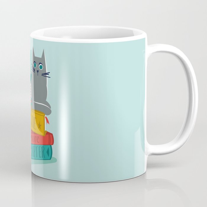 One more chapter // aqua background grey cat striped mug with plants red green and yellow books  Coffee Mug Gallery Image 1