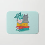 One more chapter // aqua background grey cat striped mug with plants red green and yellow books  Bath Mat Gallery Image 1