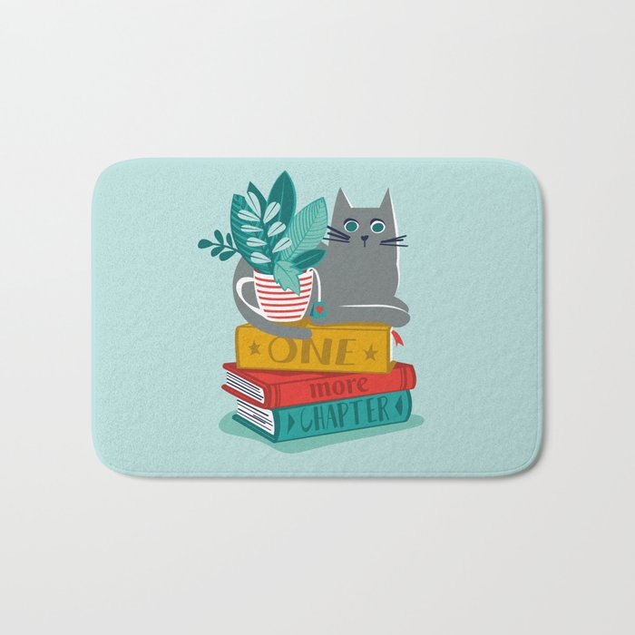One more chapter // aqua background grey cat striped mug with plants red green and yellow books  Bath Mat Gallery Image 1