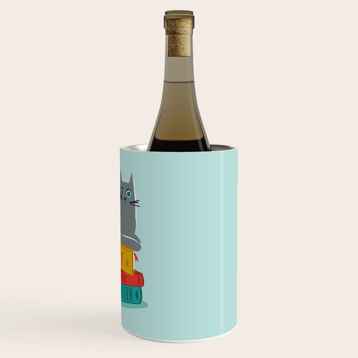 One more chapter // aqua background grey cat striped mug with plants red green and yellow books  Wine Chiller Gallery Image 3