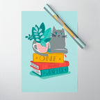 One more chapter // aqua background grey cat striped mug with plants red green and yellow books  Wrapping Paper Gallery Image 1