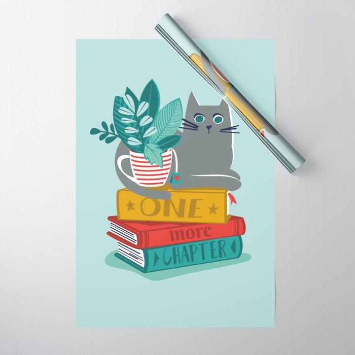 One more chapter // aqua background grey cat striped mug with plants red green and yellow books  Wrapping Paper Gallery Image 1
