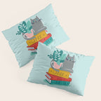 One more chapter // aqua background grey cat striped mug with plants red green and yellow books  Pillow Sham Gallery Image 3