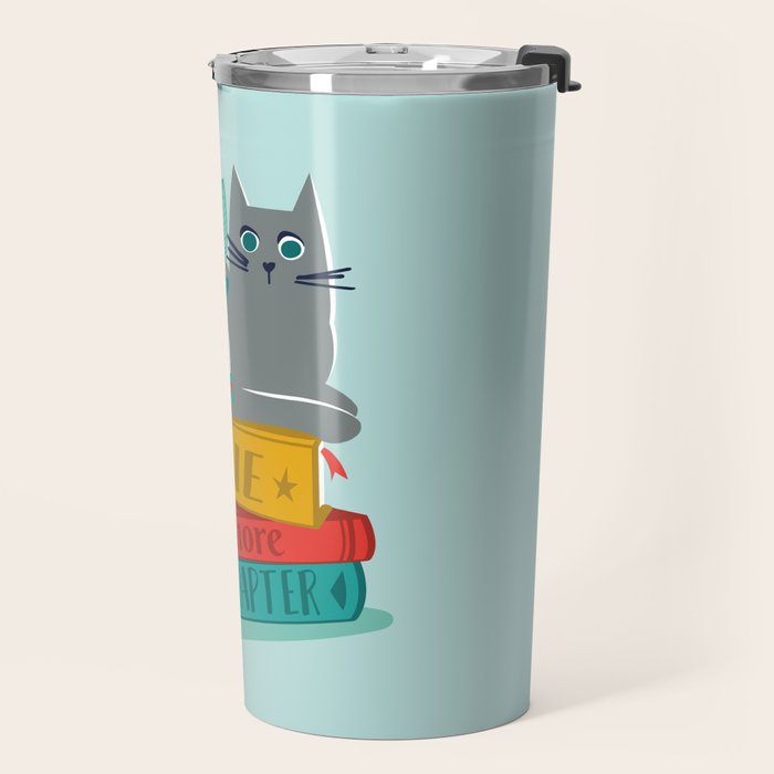 One more chapter // aqua background grey cat striped mug with plants red green and yellow books  Travel Mug Gallery Image 2
