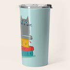 One more chapter // aqua background grey cat striped mug with plants red green and yellow books  Travel Mug Gallery Image 2