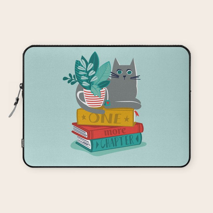 One more chapter // aqua background grey cat striped mug with plants red green and yellow books  Laptop Sleeve Gallery Image 1