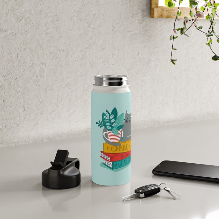 One more chapter // aqua background grey cat striped mug with plants red green and yellow books  Water Bottle Gallery Image 4