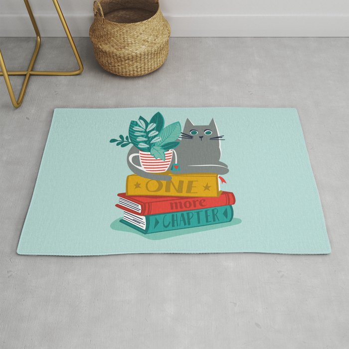 One more chapter // aqua background grey cat striped mug with plants red green and yellow books  Rug Gallery Image 1