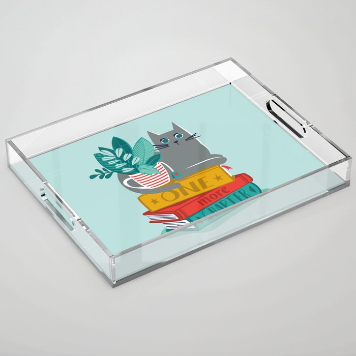One more chapter // aqua background grey cat striped mug with plants red green and yellow books  Acrylic Tray Gallery Image 1