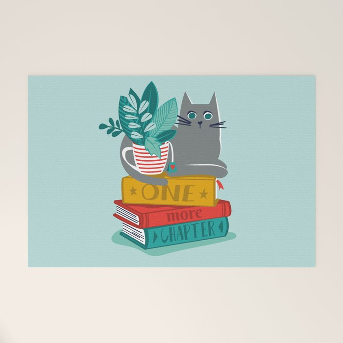 One more chapter // aqua background grey cat striped mug with plants red green and yellow books  Welcome Mat Gallery Image 1