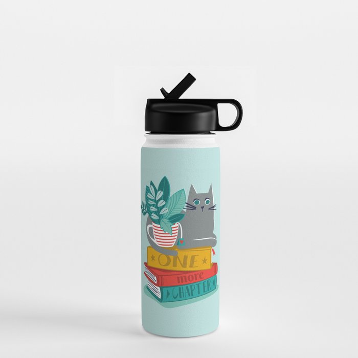 One more chapter // aqua background grey cat striped mug with plants red green and yellow books  Water Bottle Gallery Image 1
